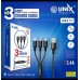 Unix UX T11 3.4Amp 1Mtr 3in1 Fast Charging Cable(Micro,TypeC,Iphone)