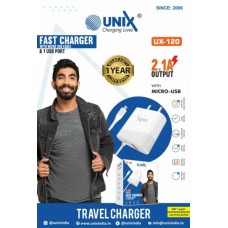 Unix UX-120 2.1A Fast Charger With Micro/v8 Usb Cable And 1 USB Port